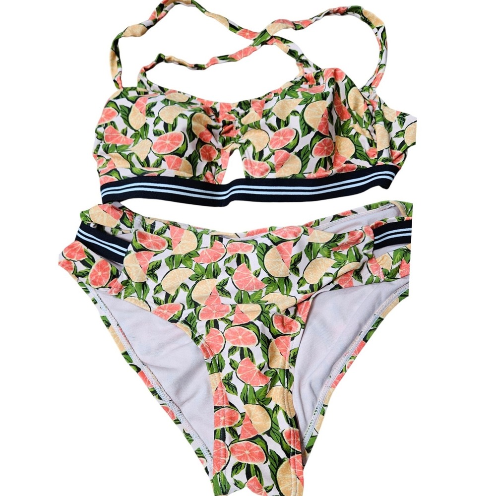 Xhilaration Womens 14W Bikini Set Citrus Grapefruit Print High Waist‎ Fruit Core